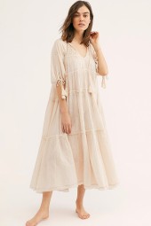 Vintage Boho Embroidery Midi Neck Half Sleeve Loose Casual Dress