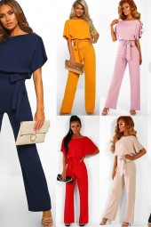 Chic Summer Bodysuit Overalls: Short Sleeve Hollowed Waist Tie Pants