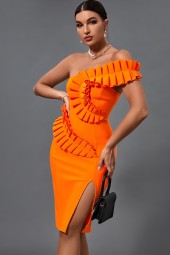Ruffle Orange Bandage One Shoulder Evening Club Dress - Summer