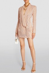 Exquisite Shawl Collar Blazer Dress adorned with Diamonds & Pearls