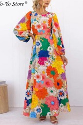 Vibrant Blooms Long Sleeve Backless Holiday Dress