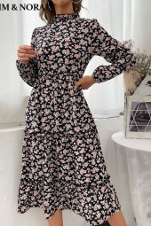 Retro Floral Pleated Midi Tunic Dress: Vintage Autumn Style