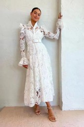 French Temperament Watersoluble Lace Singlebreasted Hollow Longsleeved Dress