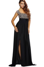 Elegant Black Lace Backless Maxi Dress with Slit Detail
