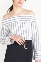 Elegant White Stripes Off Shoulder Long Sleeve Blouse