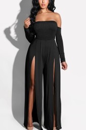 Sleek and  Black Off Shoulder Jumpsuit with Shirred Slit Detail