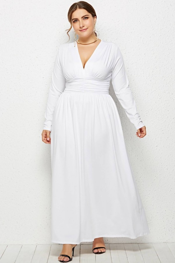 Elegant White Ruched VNeck Long Sleeve Maxi Dress for Plus Size Women