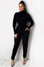 Cozy Comfort: Black Pocket Turtle Neck Sweater & Casual Pants Set