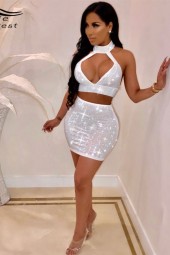 Glamorous Sparkle: Crystal Embellished White Skirt Set Clubwear