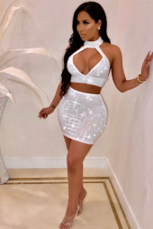 Crystal Rhinestone Sleeveless Mini Skirt Two Piece Set