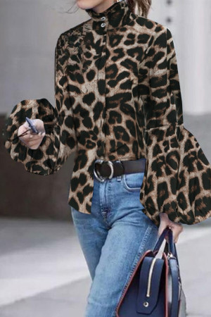 Leopard Print Lantern Sleeve High Collar Blouse