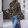 Leopard Print Lantern Sleeve High Collar Blouse