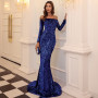 Sequin Off Shoulder Long Sleeve Mermaid Maxi Dress