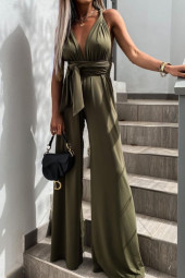 V-Neck Bandage Hollow Out Strap Wide Leg Jumpsuit