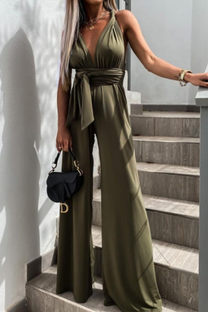 V-Neck Bandage Hollow Out Strap Wide Leg Jumpsuit