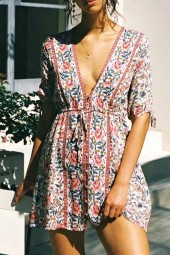 Vibrant Bohemian Beauty: Tie Neck Floral Long Sleeve Ethnic Rayon Cotton Mini Dress