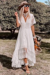 Bohemian Beauty: Solid Floral Short Sleeve Beach Slim Maxi Dress with V-Neck Boho Sundress