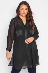 Plus Size Long Sleeve Elegant Black Blouse, XL, Button-Up