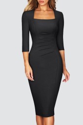 Business Elegant Solid Square Collar Pencil Dress - Slim Fit