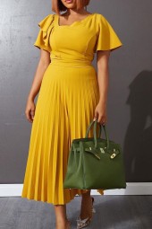 Solid Pleated Ruffle Midi Dress: Vintage Elegance for Summer Streetwear