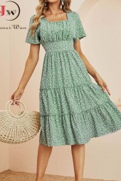 Floral Square Collar Midi Dress: Casual Elegance for Summer