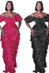 Sequin Tiered Ruffle Off Shoulder Evening Dress