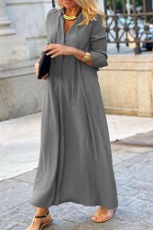 Loose Drawstring Lapel Neck Long Sleeve Basics Dress