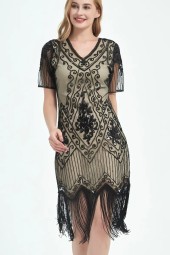 Embellished Beaded Sequin Robe Flapper Vintage Neck Butterfly Sleeve Long Great Gatsby Dress