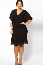 Vneck Elegant Summer Chiffon Batwing Sleeve Dovetail Black Office Dress