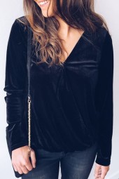 Elegant Black Velvet V-Neck Wrap Long Sleeve Top for Casual Occasions