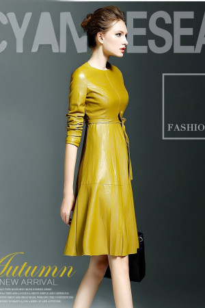Faux Leather O-Neck Long Sleeve Slim A-Line Dress