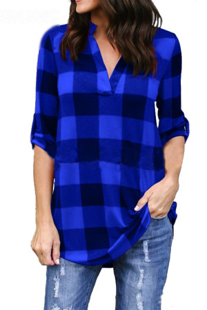 Plaid V-Neck Long Sleeve Loose Plus Size Shirt