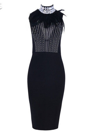 Feather Beaded High Neck Sleeveless Bodycon Bandage Dress