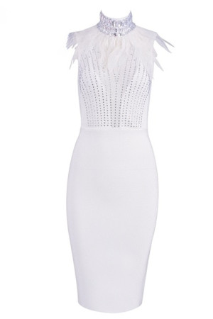 Feather Beaded High Neck Sleeveless Bodycon Bandage Dress