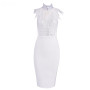 Feather Beaded High Neck Sleeveless Bodycon Bandage Dress