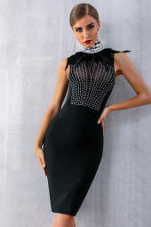 Feather Beaded High Neck Sleeveless Bodycon Bandage Dress