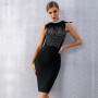 Feather Beaded High Neck Sleeveless Bodycon Bandage Dress