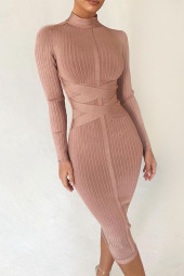 Turtleneck Ribbed Rayon Long Sleeve Bodycon Midi Bandage Dress