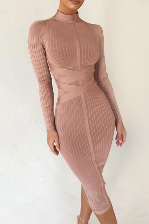 Turtleneck Ribbed Rayon Long Sleeve Bodycon Midi Bandage Dress