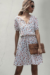 Floral Ruffle V-Neck Short Sleeve A-Line Mini Dress