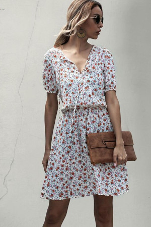 Floral Ruffle V-Neck Short Sleeve A-Line Mini Dress