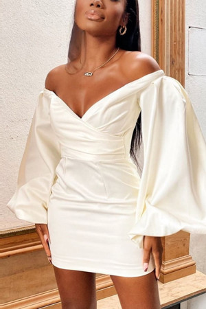 Off Shoulder Lantern Sleeve High Waist Bodycon Mini Dress