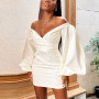 Off Shoulder Lantern Sleeve High Waist Bodycon Mini Dress