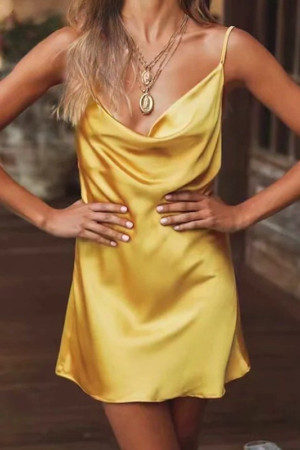 Spaghetti Strap Square Neck Backless Satin Mini Slip Dress
