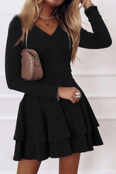 Pleated V-Neck Long Sleeve A-Line Mini Dress
