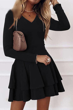 Pleated V-Neck Long Sleeve A-Line Mini Dress