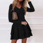 Pleated V-Neck Long Sleeve A-Line Mini Dress