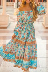 Elegant Floral Long Sleeve Belt Tassel Beach Bohemian Maxi Dress Off Shoulder Boho Sundress