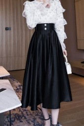 Classic Chic: High Waist Black Pleated Satin Midi Skirt with Pearls