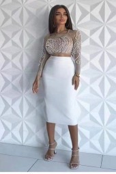 Black Khaki Beaded Pencil Skirt Set Nightclub Dress with Halters